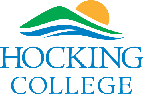 Hocking College logo with a green hill, blue river and orange sun above the college name