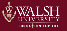 Walsh University logo in maroon with a crest and the motto Education For Life